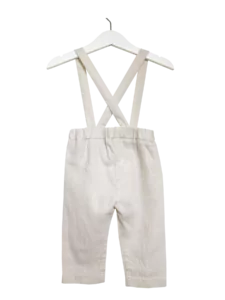 Bundfaltenhose mit Hosenträger zum verstellen. Bund über hinten mit Gummizug. Material: Leinen