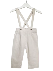 Bundfaltenhose mit Hosenträger zum verstellen. Bund über hinten mit Gummizug. Material: Leinen