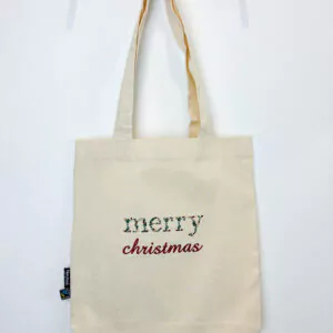 Einkaufstasche aus Bio-Baumwolle in der Farbe natur mit Bestickung "merry christmas"
