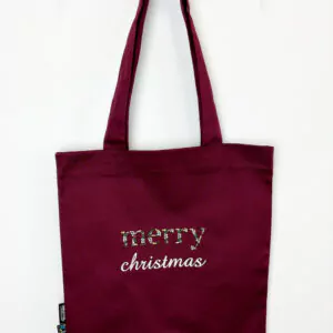Einkaufstasche aus Bio-Baumwolle in der Farbe bordeaux mit Bestickung "merry christmas"