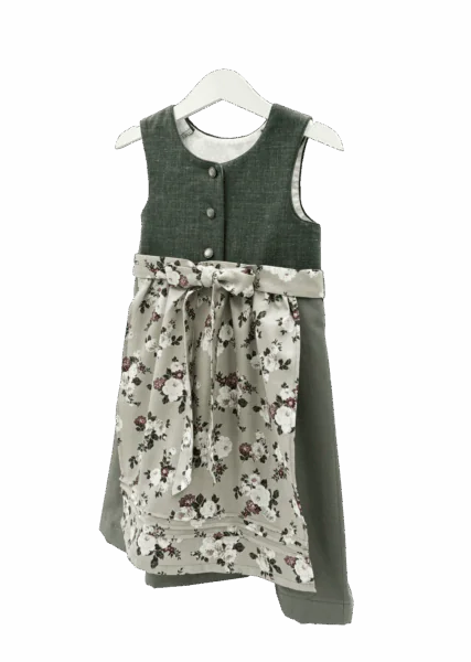 Kinderdirndl in verschiedenen grün-Tönen mit geblümter Schürze. Seitenansicht