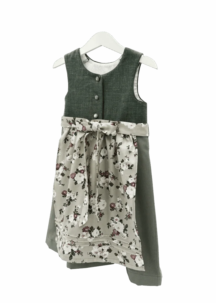 Kinderdirndl in verschiedenen grün-Tönen mit geblümter Schürze. Seitenansicht