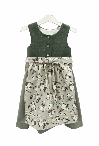 Kinderdirndl in verschiedenen grün-Tönen mit geblümter Schürze. Vorderansicht