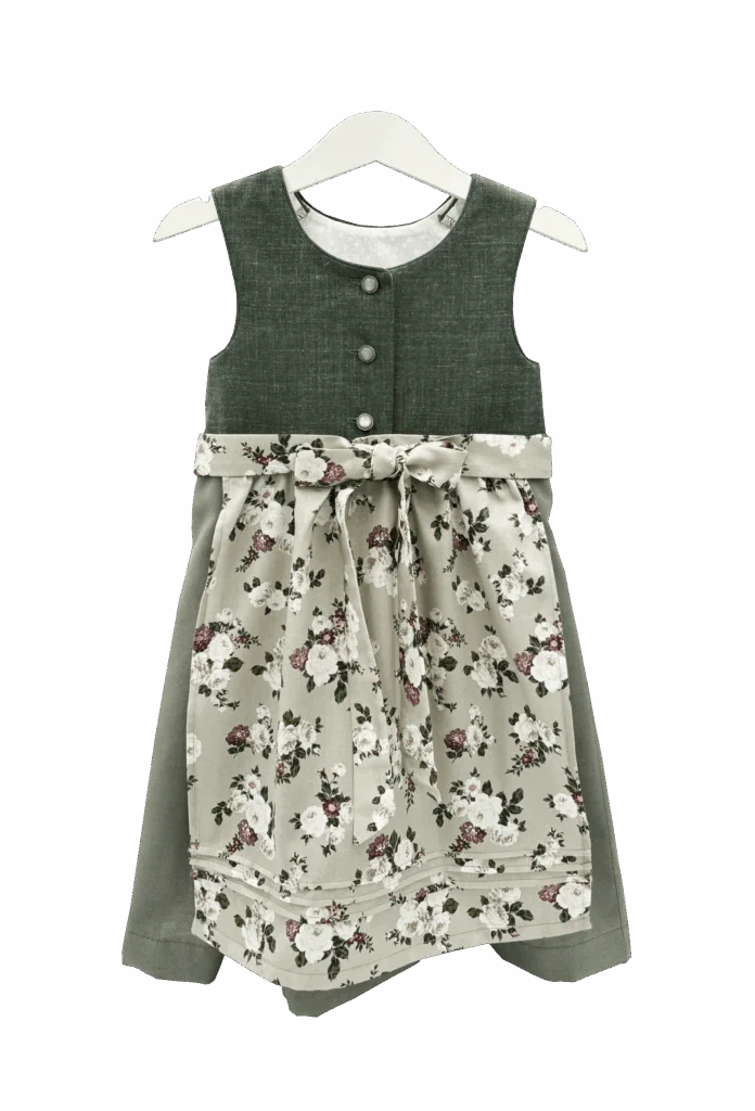 Kinderdirndl in verschiedenen grün-Tönen mit geblümter Schürze. Vorderansicht