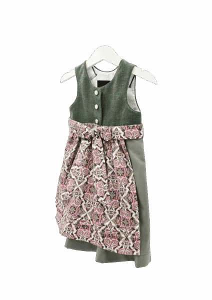 Babydirndl in verschiedenen grün-Tönen mit gemusterter rosa-farbener Schürze. Seitenansicht