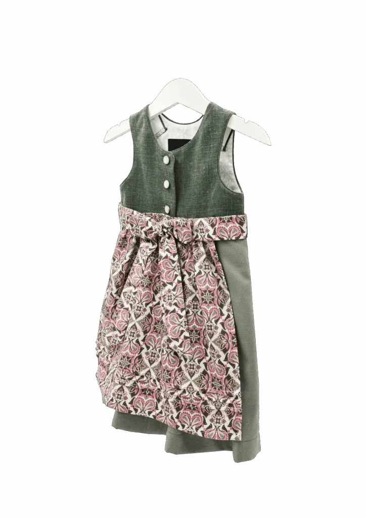 Babydirndl in verschiedenen grün-Tönen mit gemusterter rosa-farbener Schürze. Seitenansicht