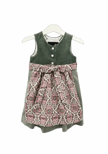 Babydirndl in verschiedenen grün-Tönen mit gemusterter rosa-farbener Schürze. Vorderansicht