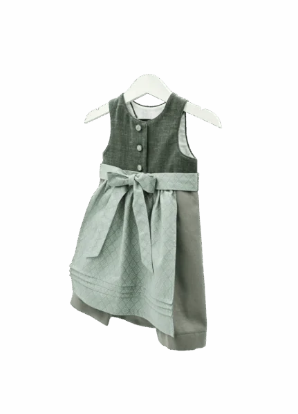Babydirndl in verschiedenen grün-Tönen mit gemusterter mint-farbener Schürze. Seitenansicht