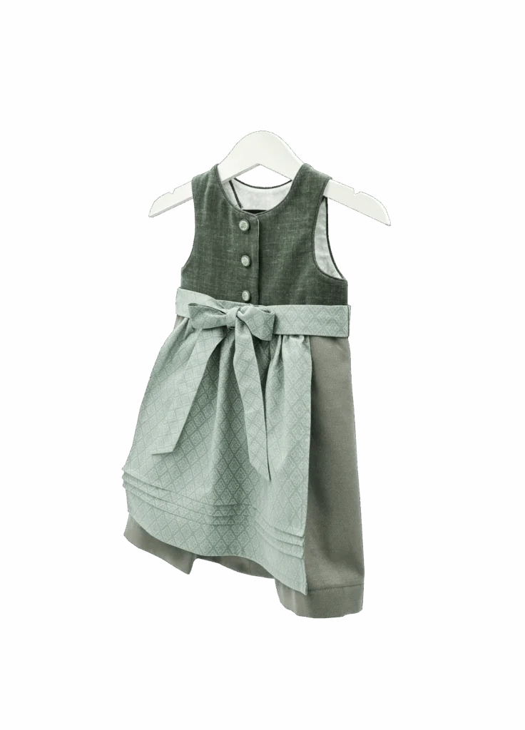 Babydirndl in verschiedenen grün-Tönen mit gemusterter mint-farbener Schürze. Seitenansicht