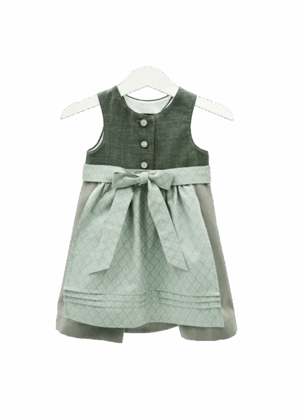 Babydirndl in verschiedenen grün-Tönen mit gemusterter mint-farbener Schürze. Vorderansicht