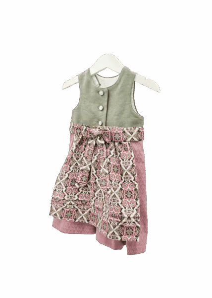 Babydirndl mit salbei-farbenem Oberteil, rosa in Falten gelegter Rock und gemusterter Schürze. Seitenansicht