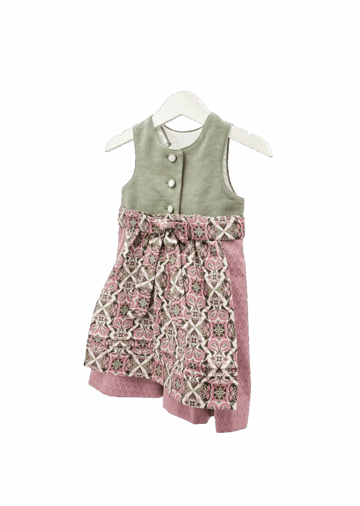 Babydirndl mit salbei-farbenem Oberteil, rosa in Falten gelegter Rock und gemusterter Schürze. Seitenansicht